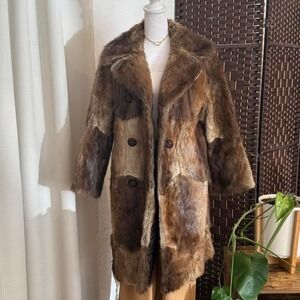 Vintage Real Mix Style Fur Trench Coat Brown and Tan Women's Old Money Luxury